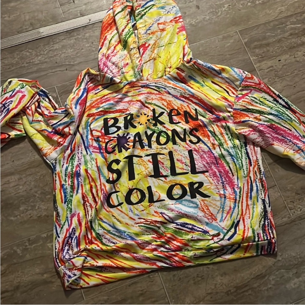 Vibrant Red and Yellow Hoodie with Crayon-Inspired Design